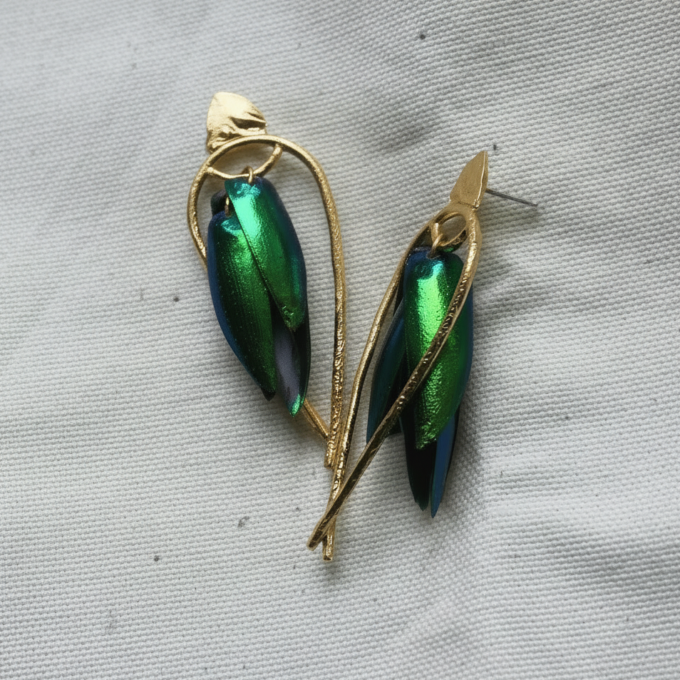 Iridescent green beetle wing earrings shown at an angled view with gold-plated brass detailing.