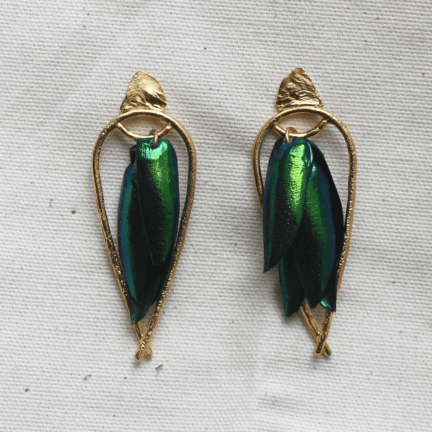 Close-up of green beetle wing earrings featuring 22k gold-plated brass and sculptural hand-carved design.