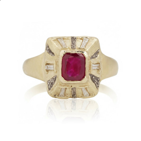 Arcturus Ring by Alexis Pavlantos in recycled 14k yellow gold, featuring a 0.75ct emerald-cut Burma ruby surrounded by white baguette diamonds and sculptural gold detailing.
