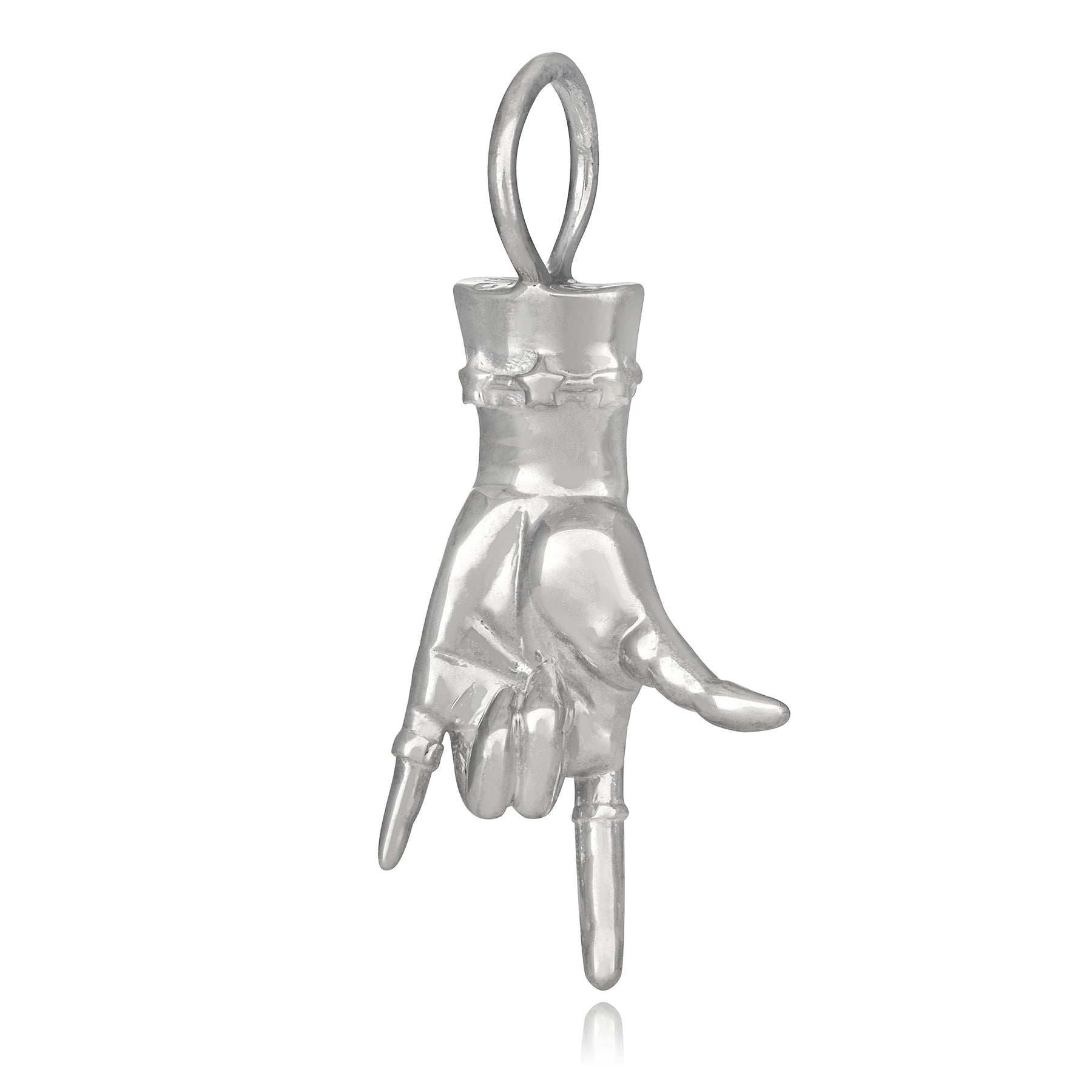 Silver I Love You hand sign charm – back view, artisan carved sterling silver pendant.
