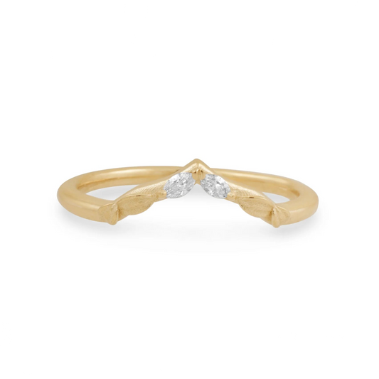Aspen Diamond Band by Michaela Farkasovska, handcrafted in 14k yellow gold with marquise diamonds and delicate leaf-inspired detailing.