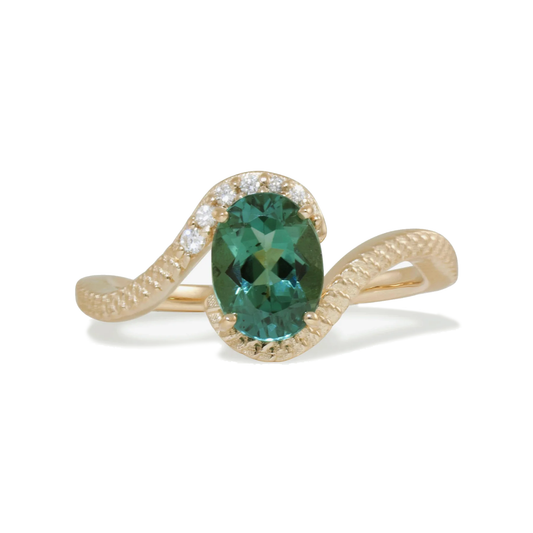 Michaela Farkasovska Atlantis ring with blue-green Montana sapphire, white diamond accents and textured 14k yellow gold.