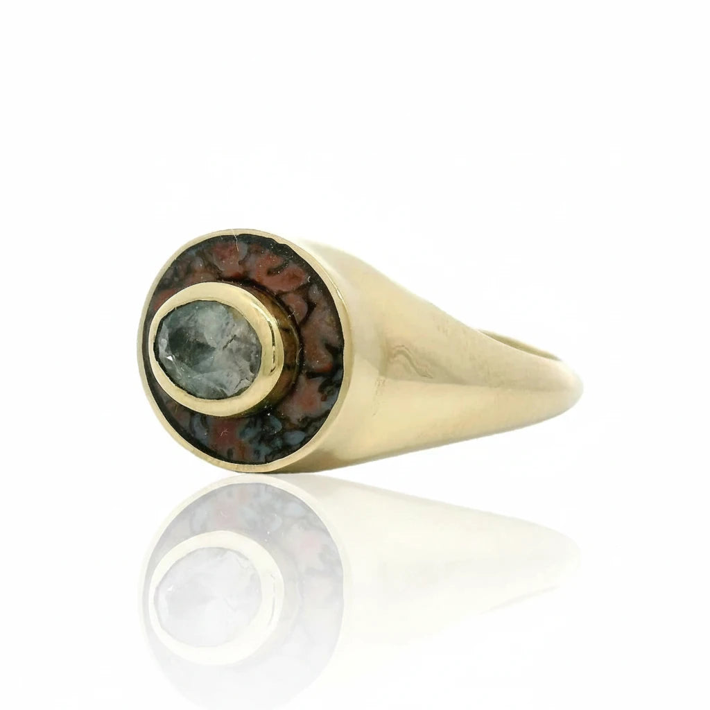 The Anoitecer signet ring - 14k gold Dinosaur Bone & Montana Sapphire