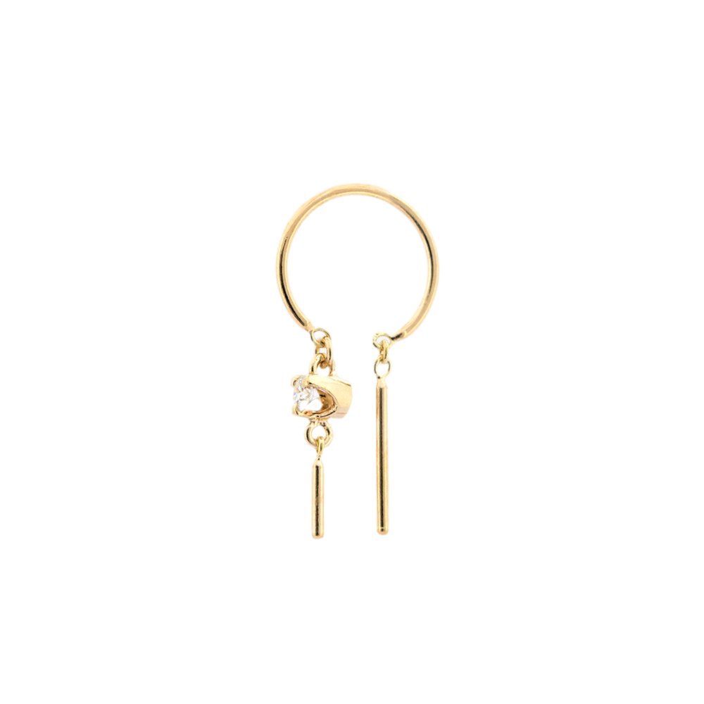 Baby Chime 14k gold minimalist earring with white diamond, product front view.