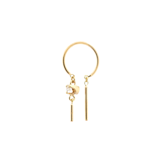 Baby Chime 14k gold minimalist earring with white diamond, product front view.
