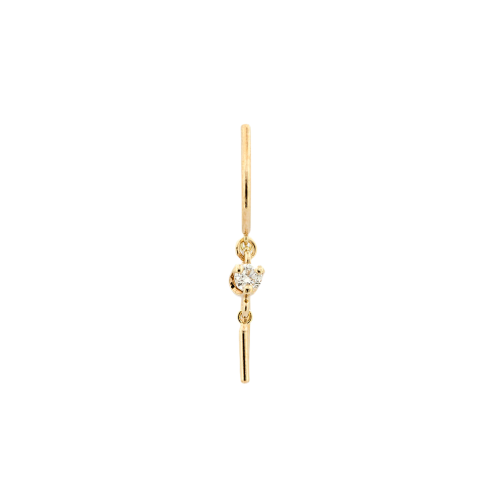Baby Chime 14k gold earring with prong-set white diamond, front product view.