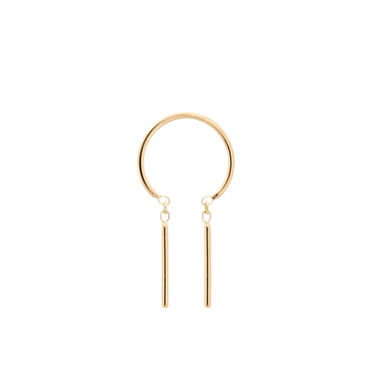 JACK & G Baby Chime single earring handcrafted in 14k yellow gold, featuring a minimalist 8mm hoop and two slender articulated gold drops.
