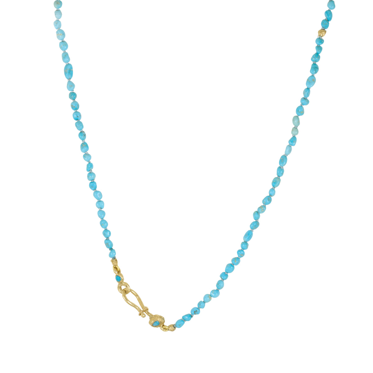 Handcrafted 24-inch Petra Necklace by Alexis Pavlantos featuring individually knotted Kingman turquoise beads and a sculptural recycled 14k yellow gold clasp, photographed on white.