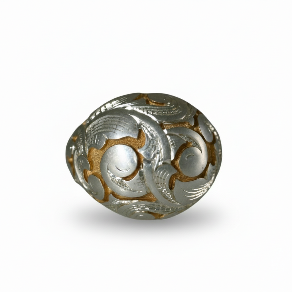 Front view of the Acanthus Bombe Ring in sterling silver with gold accents by Blue Blue Driver on a white background.