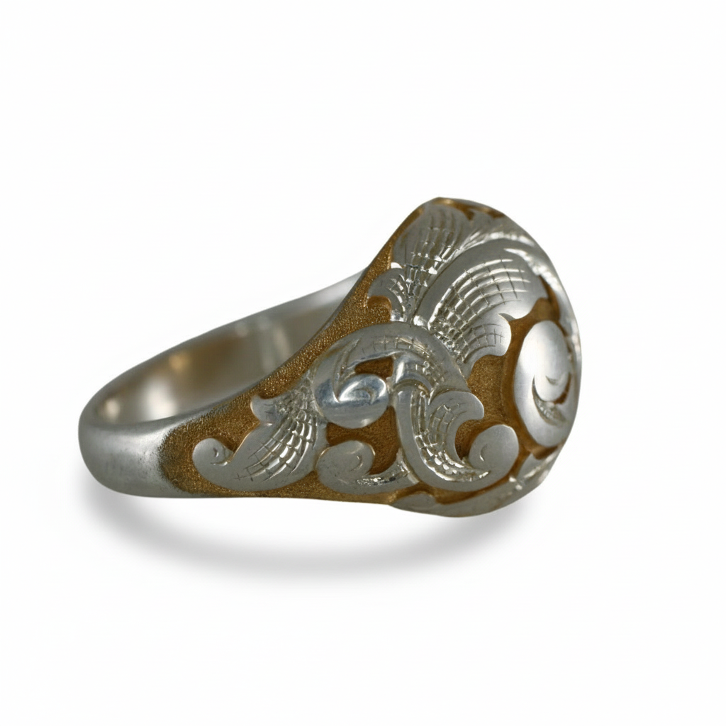 Sterling silver Acanthus Bombe Ring with gold accents by Blue Blue Driver, side view on white background.