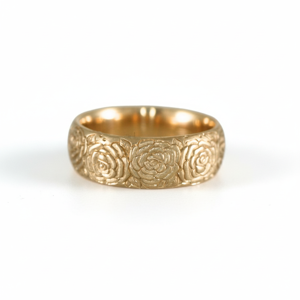 Front view of the hand-engraved 14k yellow gold Beloved Rose band ring by Blue Blue Driver on a white background.