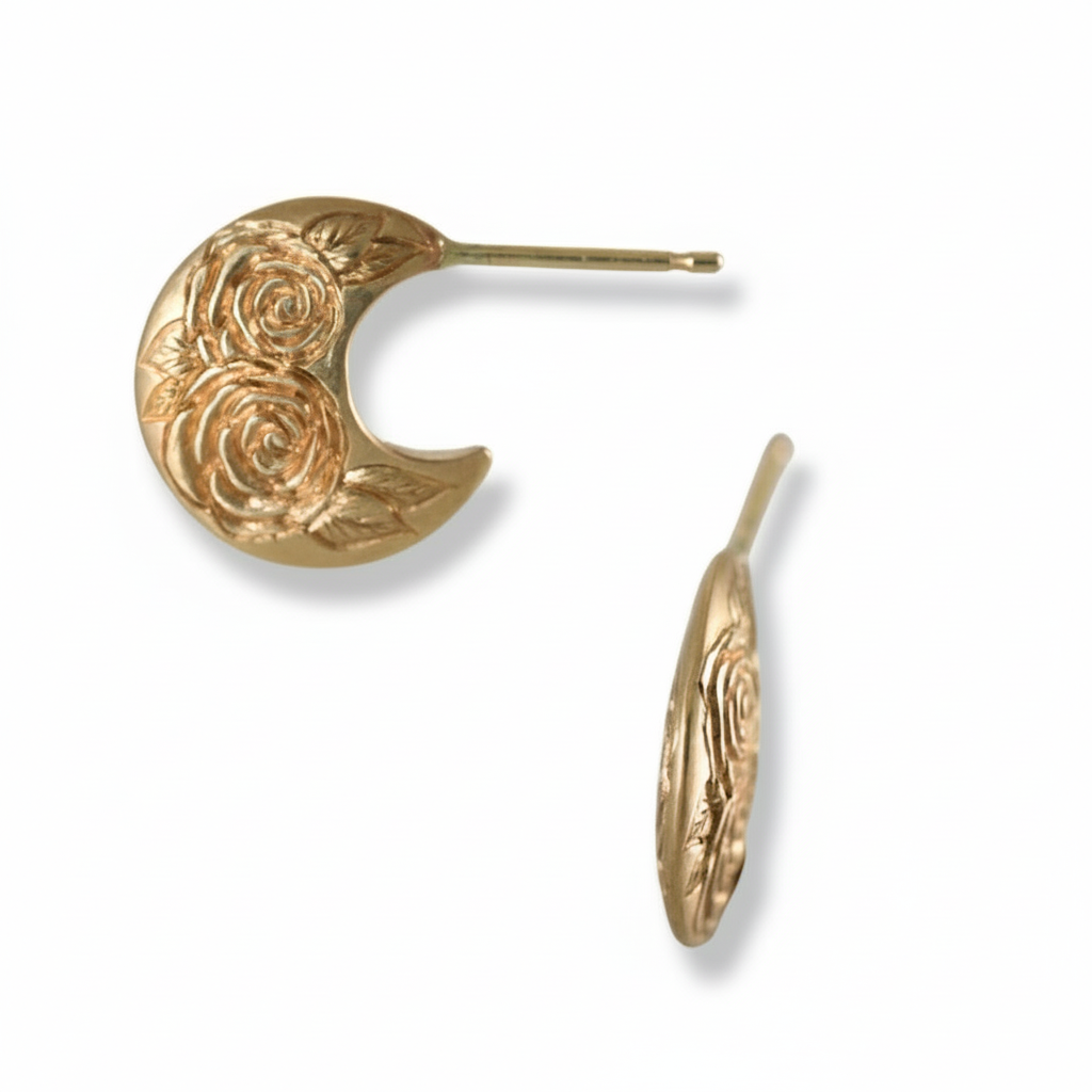 Gold crescent-shaped rose-engraved earrings shown from front and side on a white background