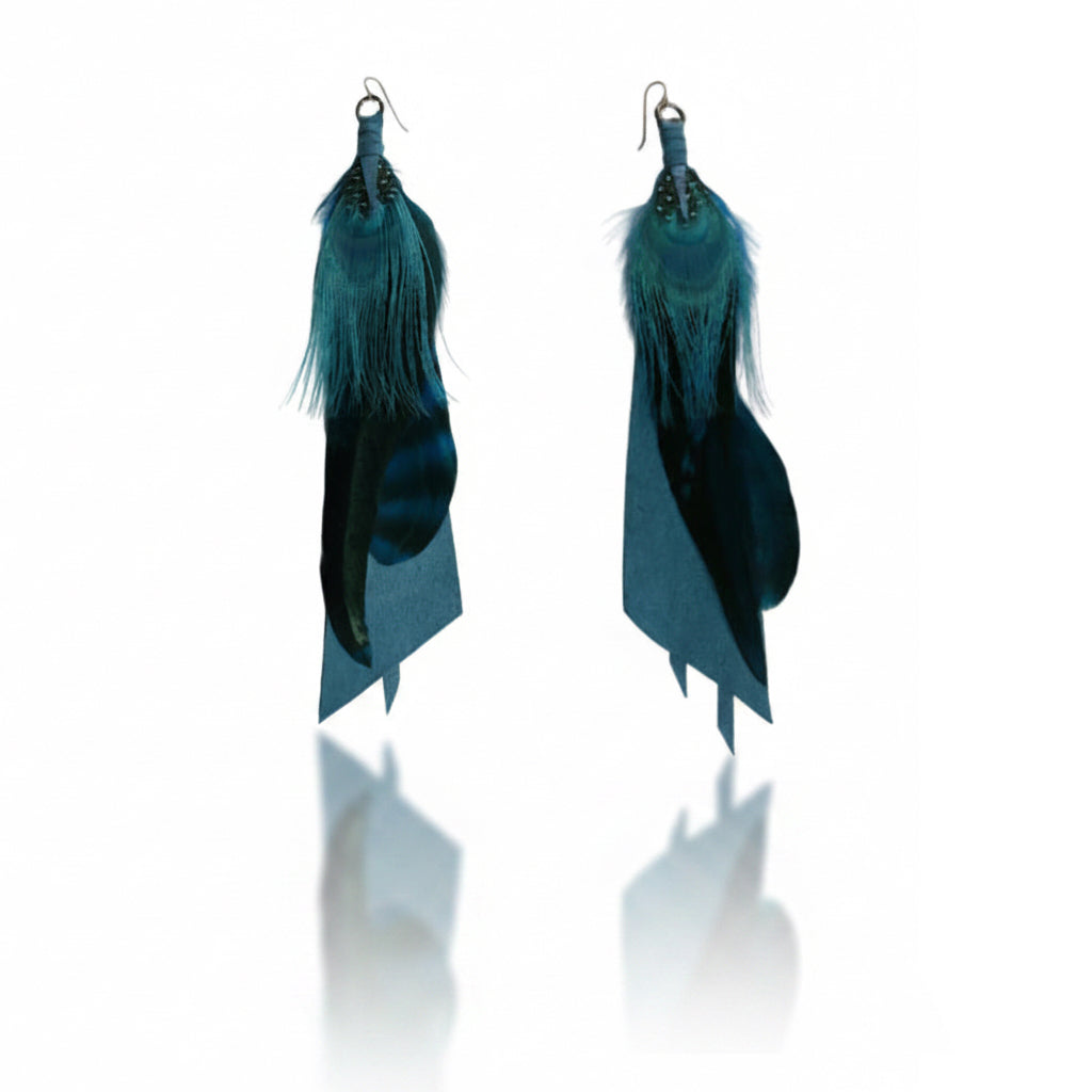 Blue Feather Drop Earrings - Repurposed Leather & Sterling Silver