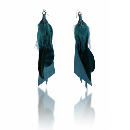 Blue Feather Drop Earrings - Repurposed Leather & Sterling Silver