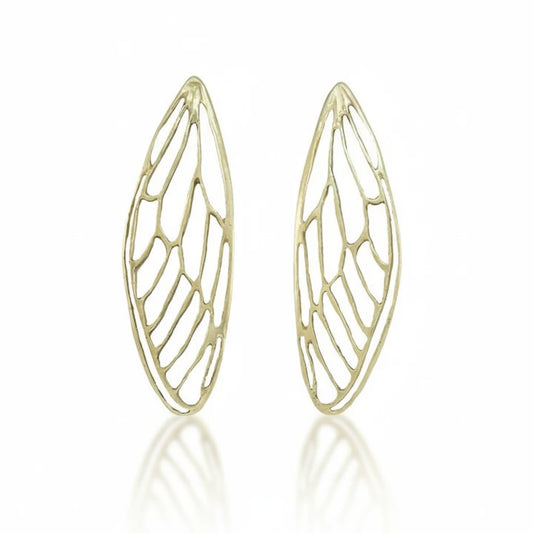 Pair of sculptural cicada wing earrings by Alexis Pavlantos in 14k yellow gold plated brass, featuring intricate openwork wing patterns and an elongated three-inch design.