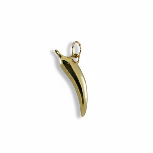 Handcrafted 14k yellow gold chili pepper pendant by Jewel Kieser, featuring a polished sculptural pepper design inspired by New Mexico.