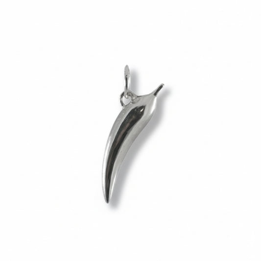 Handcrafted sterling silver chili pepper pendant by Jewel Kieser, featuring a polished sculptural design inspired by New Mexico's iconic chile peppers.