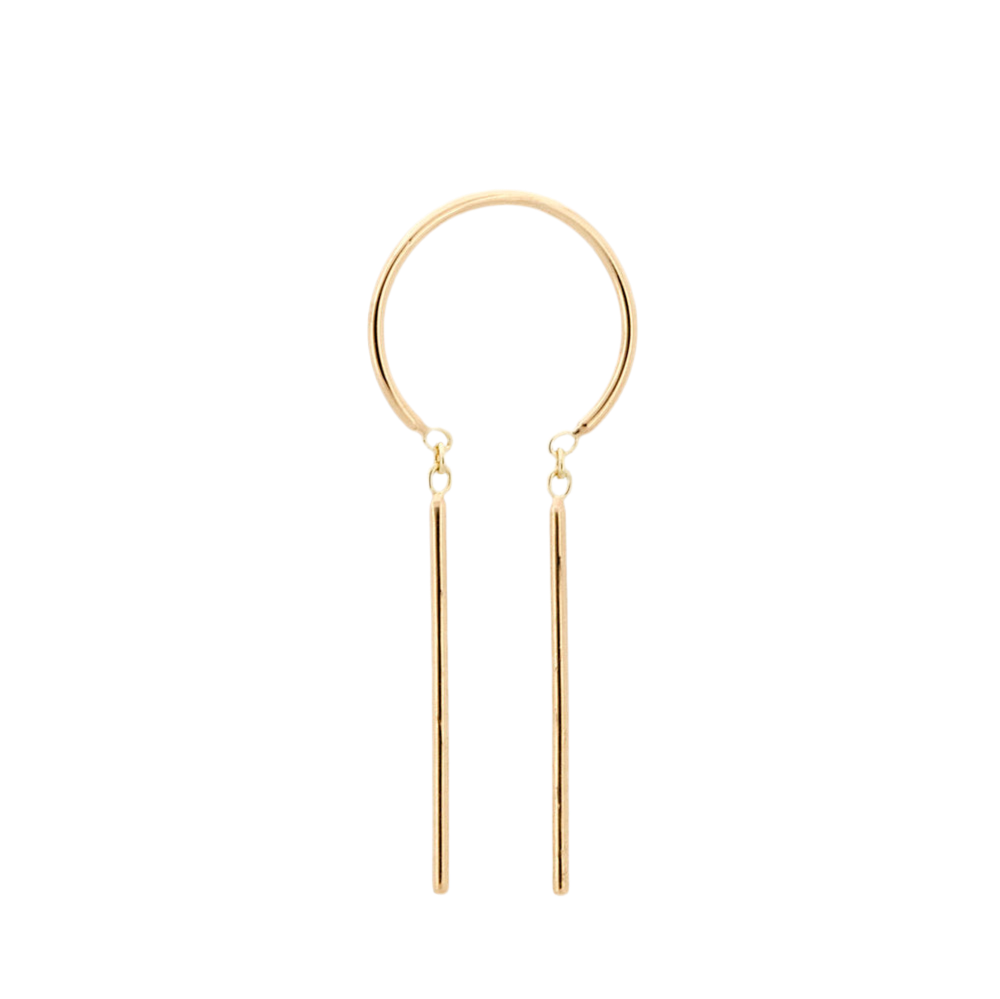 Front view of the 14k gold Chime Earring with minimalist dangling bars.