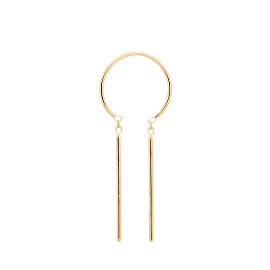 Front view of the 14k gold Chime Earring with minimalist dangling bars.