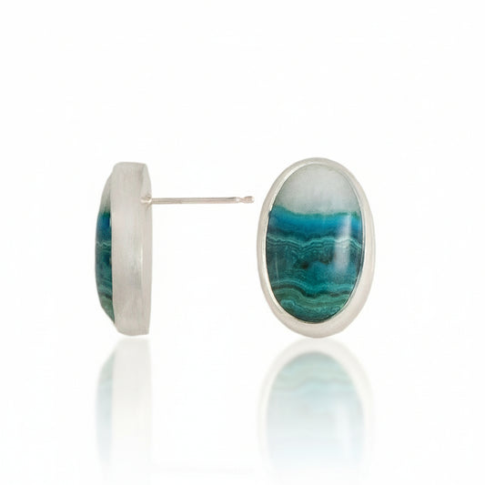 Chrysocolla, Malachite and Quartz Stud Earrings by Ana Eugenia, featuring elongated oval blue-green gemstones with natural banding in polished sterling silver bezels.