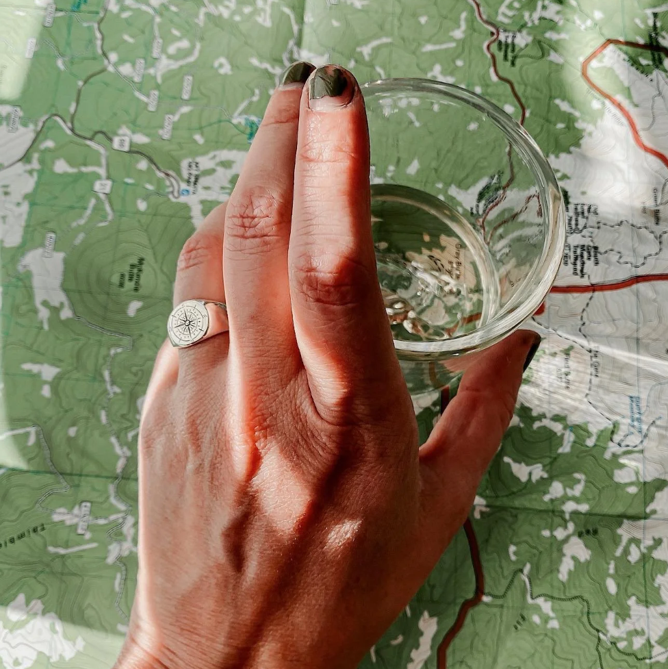 Sterling silver compass ring placed on a moss-covered rock in a nature setting.