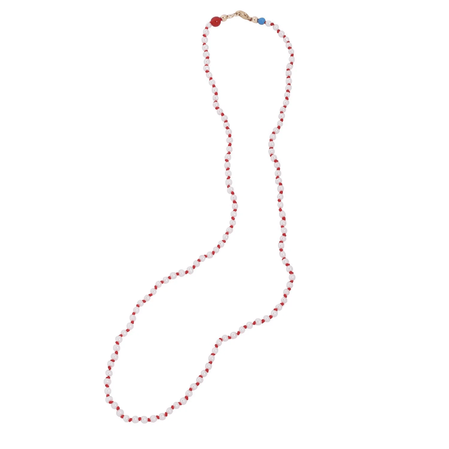 Delicate strand necklace with tiny seed pearls and coral-colored accents on a white background.