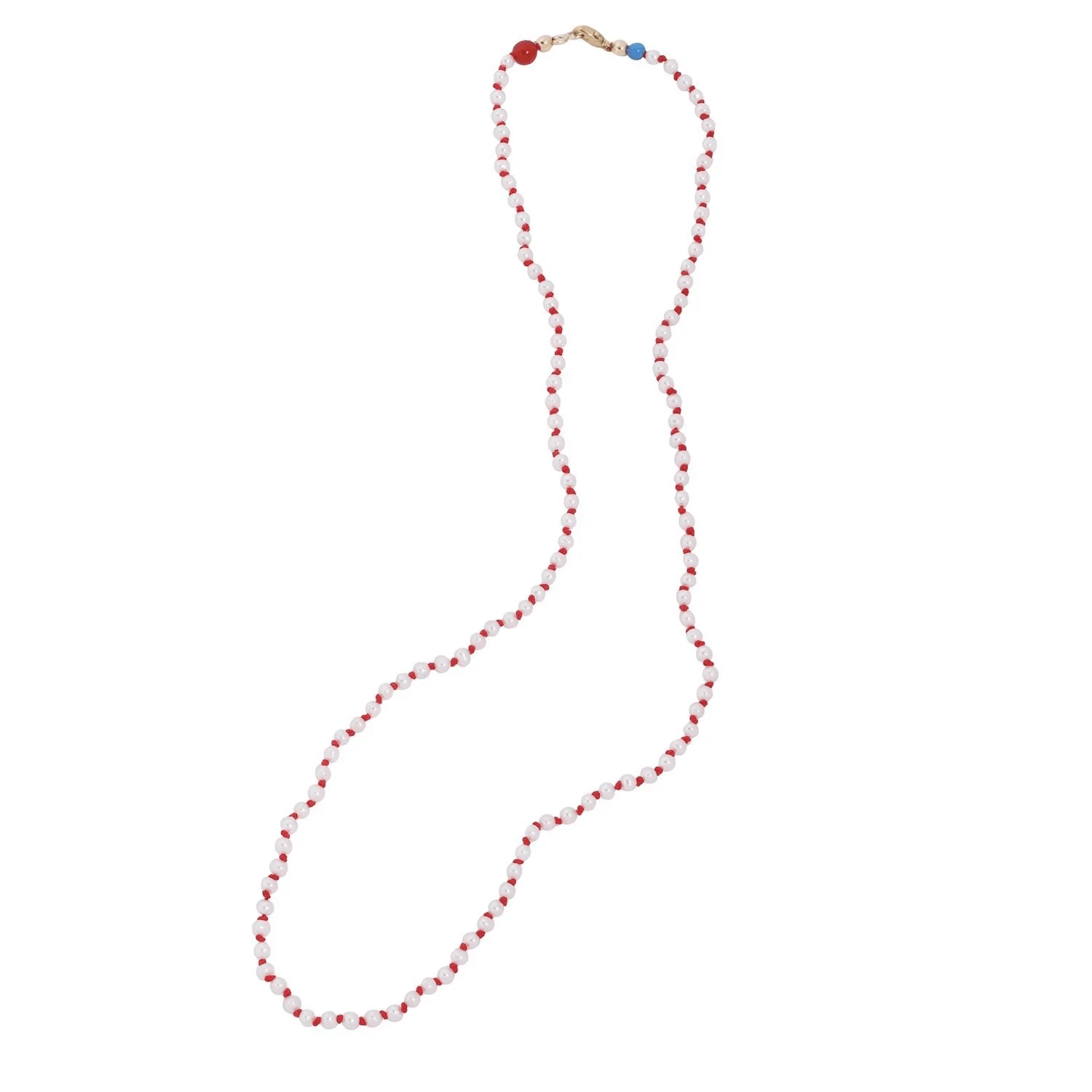Delicate strand necklace with tiny seed pearls and coral-colored accents on a white background.