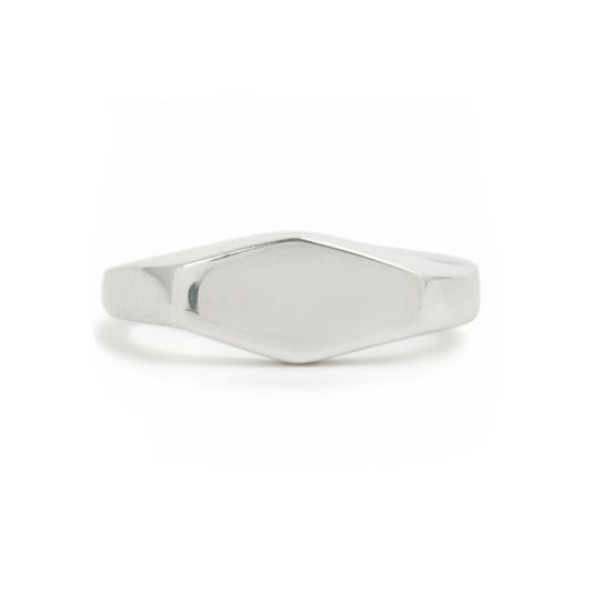 Sterling silver Crest Signet Ring by Adeline Jewelry featuring a smooth, blank geometric face for custom engraving and a polished tapered band.