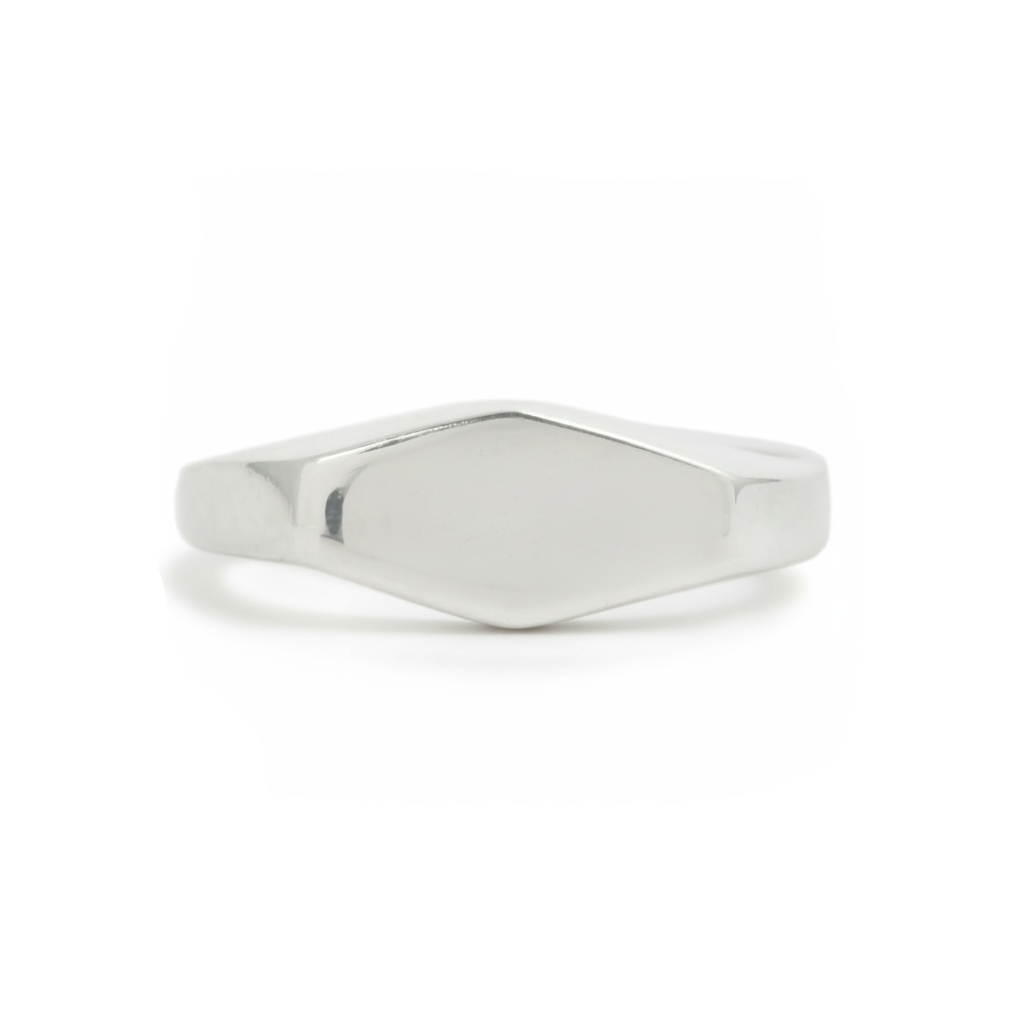 Front view of sterling silver Crest Signet Ring with smooth geometric top.