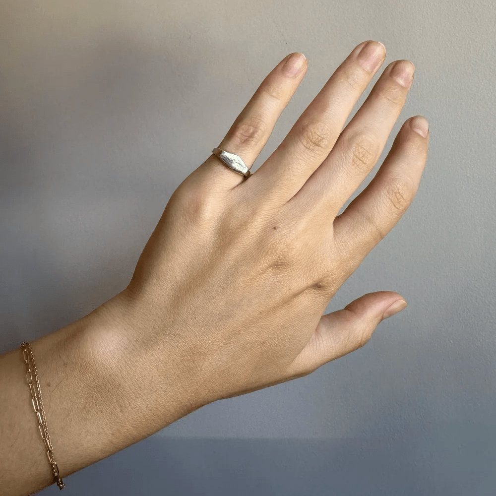 Sterling silver Crest Signet Ring worn on hand against soft grey background.