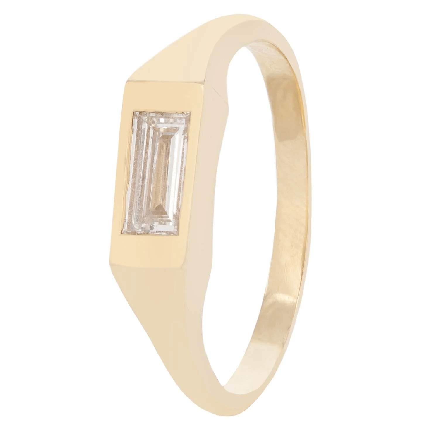 Side view of 14k yellow gold signet ring featuring a baguette-cut white diamond.
