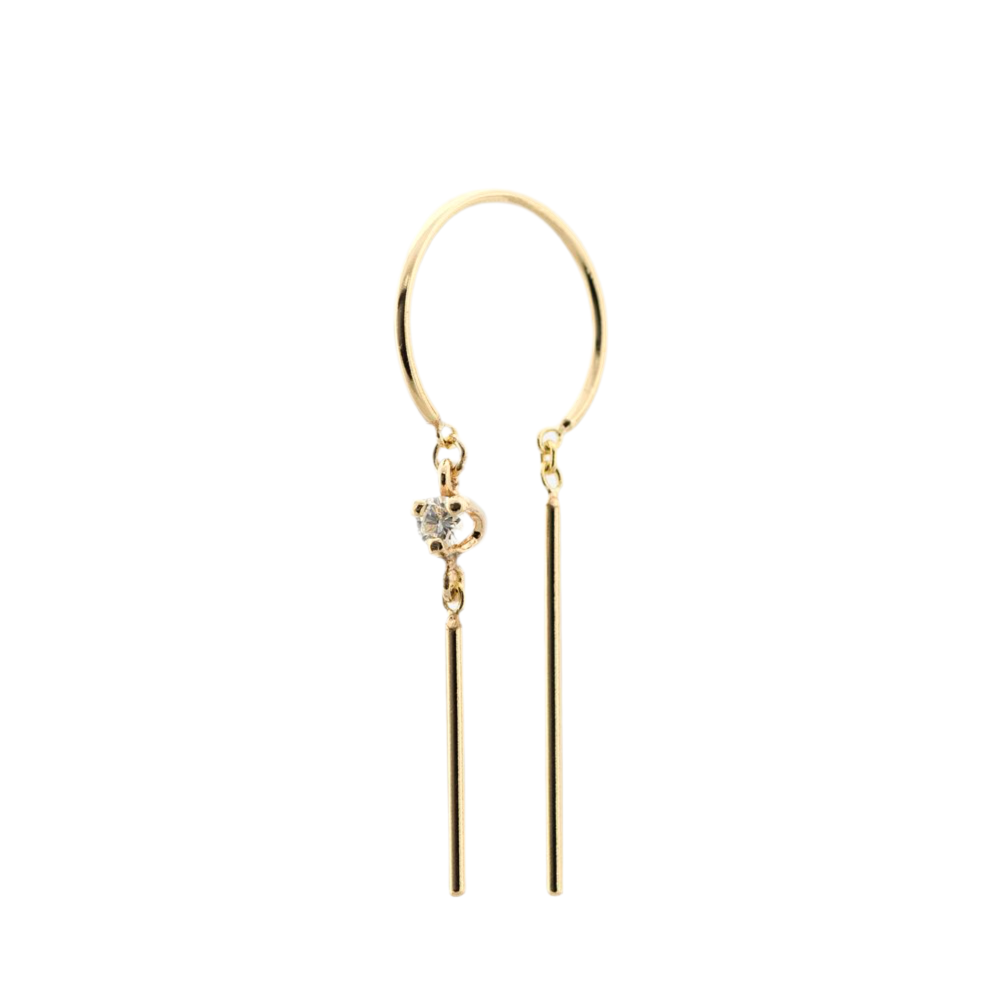 14k gold Diamond Chime Earring with dangling bar and bezel-set diamond, product image on white background.