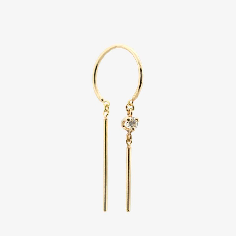Front view of the 14k gold Diamond Chime Earring showing delicate diamond and bar drop design.