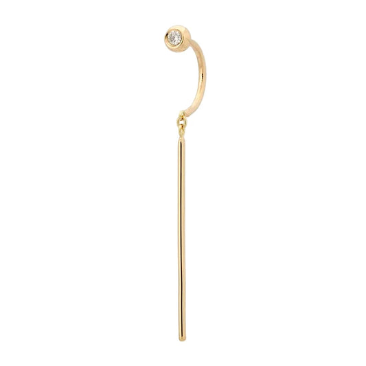 Single 14k yellow gold Diamond Chime stud earring by JACK & G featuring a small white diamond and long, slender dangling gold bar.