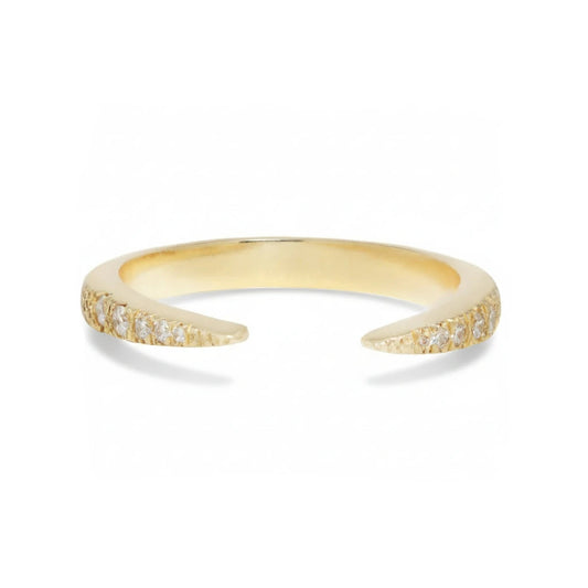 14k yellow gold horseshoe ring by Erin Cuff featuring an open-ended band with reclaimed white diamonds set along both tapered ends.