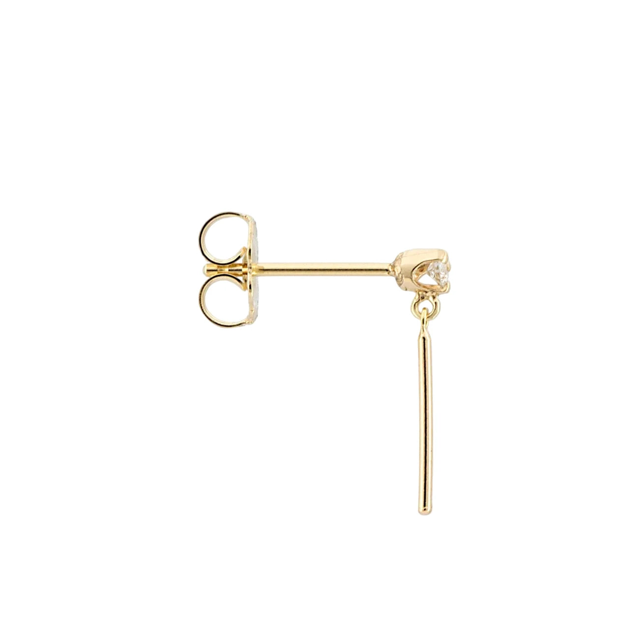 Side view of the Diamond Wisp Earring in 14k gold showing minimalist stick-drop design.