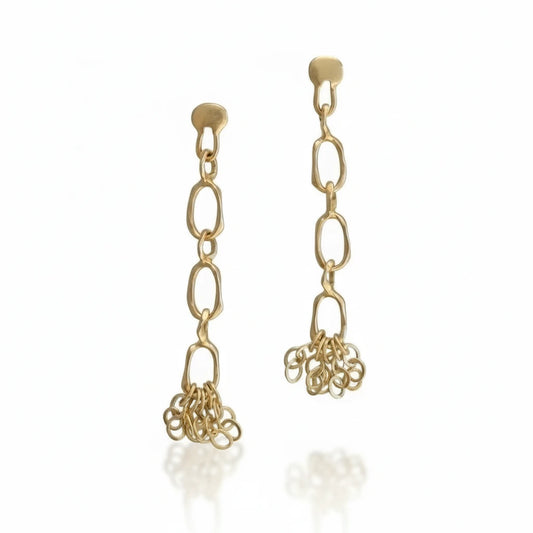Dusted Long Sculpted Shoulder Duster Earrings by Lingua Nigra, featuring elongated sculptural chain links in 22k gold-plated brass.