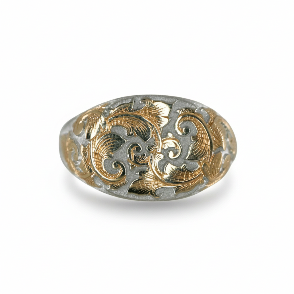 Gold and silver East-West Acanthus Signet Ring with hand-engraved scrollwork on a white background