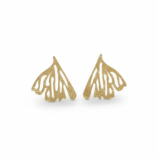 Edge of the Earth Earrings by Lingua Nigra, featuring sculptural beetle-wing-inspired shapes in 22k gold-plated brass with sterling silver posts.