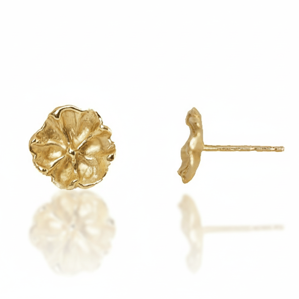 Front and side views of handcrafted 9mm Efflorescent Flower Stud Earrings in 14k yellow gold, showing their sculptural petal texture and post closures.