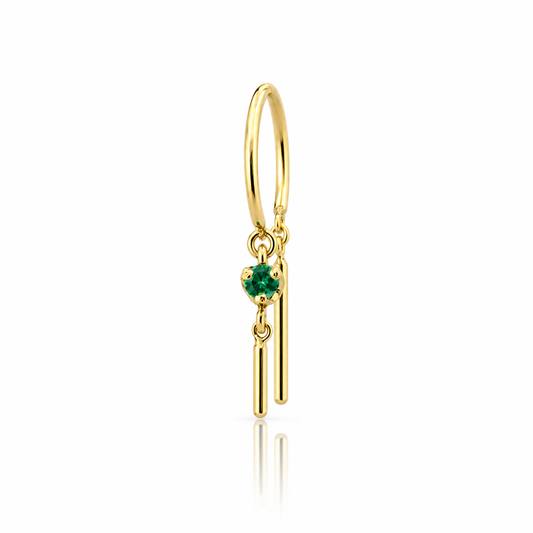 Single 14k yellow gold Baby Chime earring by JACK & G featuring a natural green emerald and two slender dangling gold bars.