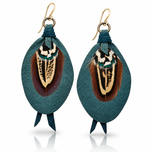 Handmade emerald green leather earrings by Kelly Horrigan featuring layered natural feathers, brown and cream detailing, and 14k gold-filled French hooks.