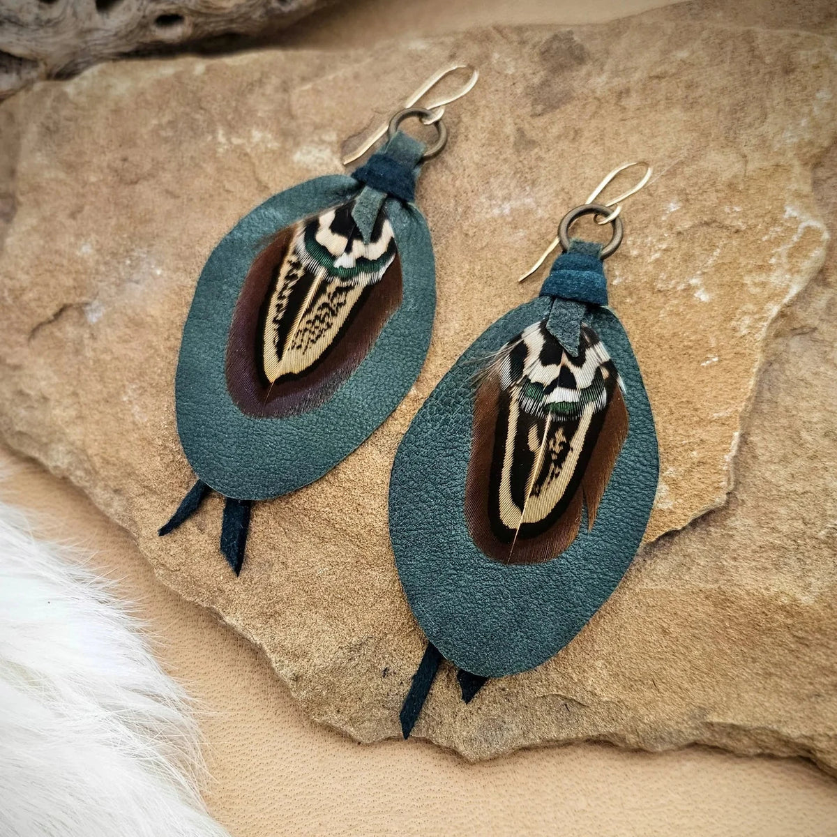 Leather & Feather Petite Earrings - Emerald