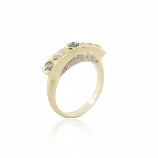One-of-a-kind Extrusive Igneous Ring by Alexis Pavlantos, handcrafted in 14k yellow and white gold with natural diamonds and sculptural rock-textured details.