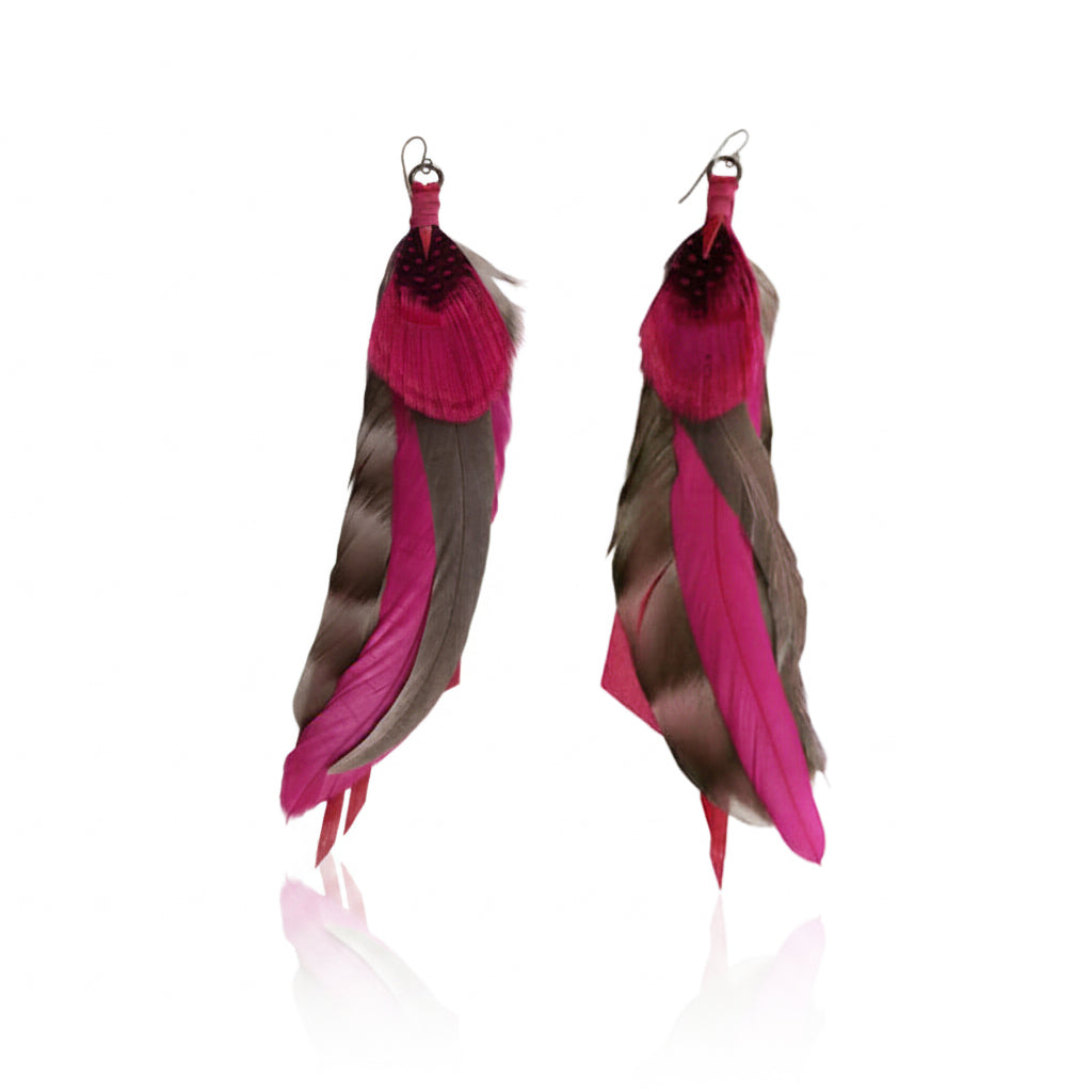 Fuchsia Feather Drop Earrings - Repurposed Leather & Sterling Silver