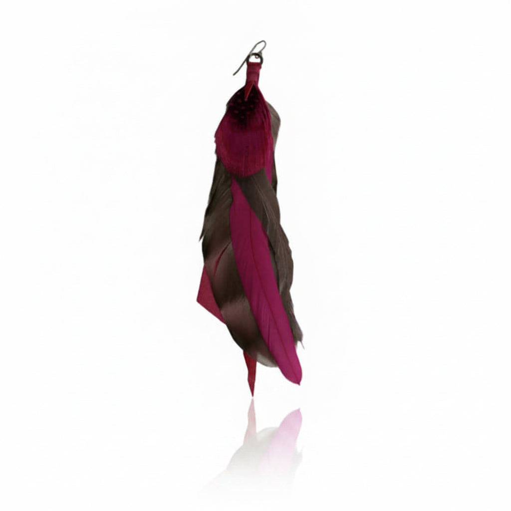 Fuchsia Feather Drop Earrings - Repurposed Leather & Sterling Silver