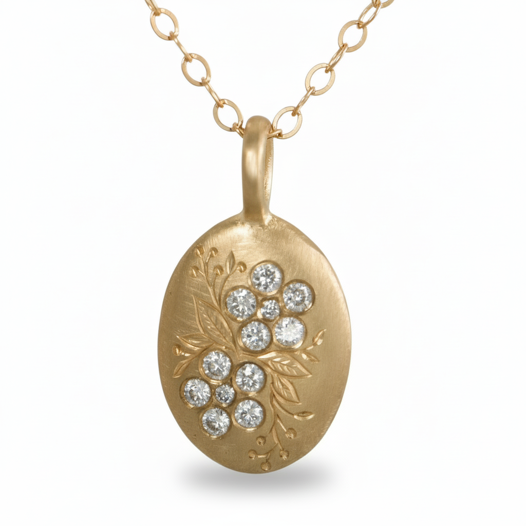 Gold forget-me-not pendant with diamond-like stones on a white background