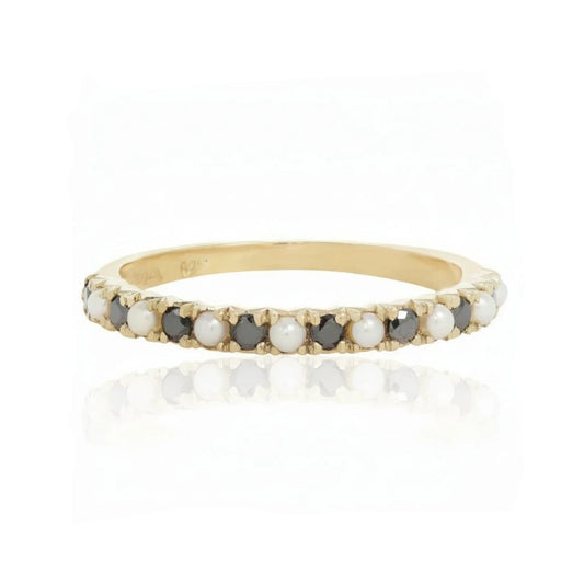 KIMA French Cut Half Eternity Band in 14k yellow gold, featuring freshwater seed pearls and 0.19 carats of black diamonds in a hand-cut setting.