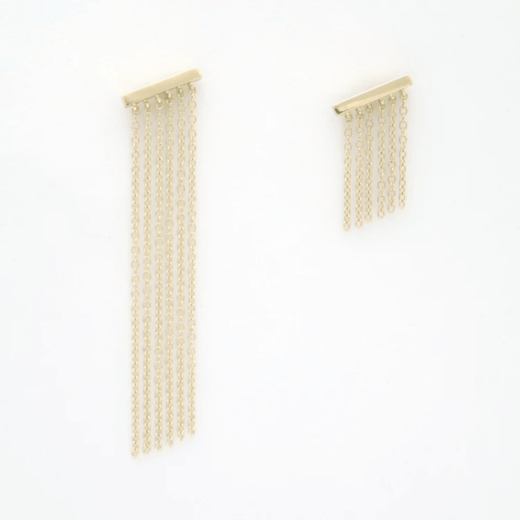 Pair of long and short 14k gold fringe earrings displayed on a white background.