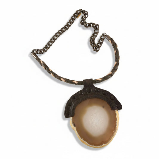 Handmade Full Moon Agate Necklace by Kelly Horrigan featuring a large natural agate slice framed in dark hand-tooled repurposed leather with an adjustable braided necklace and chain.